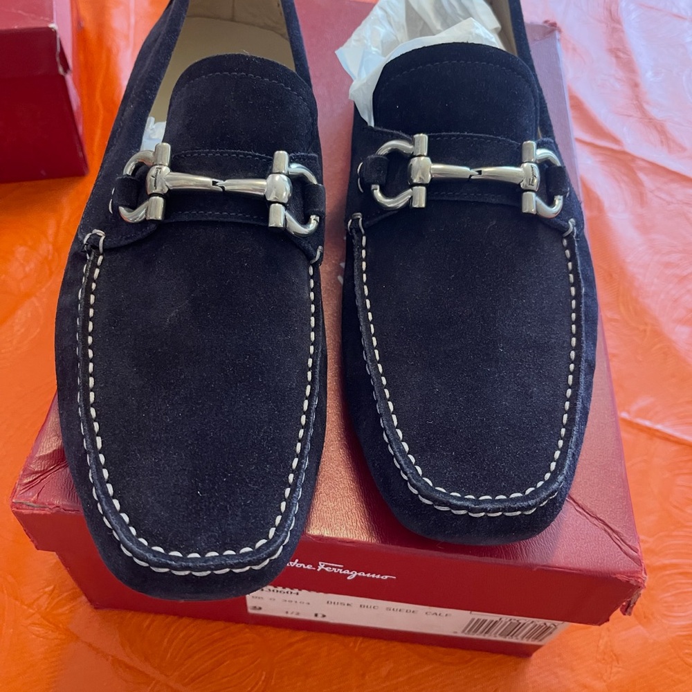 Salvatore Ferragamo Men's Navy Blue Suede Loafers 9 1/2 D